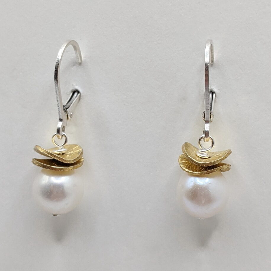 Acorn Double Brushed Vermeil Petals with White Pearl Earrings by Chi's Creations at The Avenue Gallery, a contemporary fine art gallery in Victoria, BC, Canada.