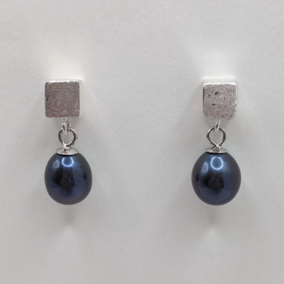 Scribbled Cube Stud Earrings with Dangle Blue Pearls by Chi's Creations at The Avenue Gallery, a contemporary fine art gallery in Victoria, BC, Canada.