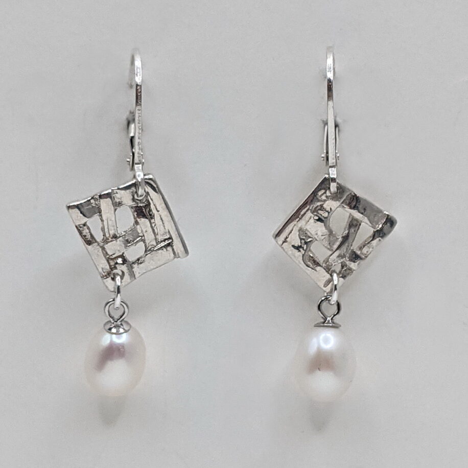 Woven Square with White Pearl Earrings by Chi's Creations at The Avenue Gallery, a contemporary fine art gallery in Victoria, BC, Canada.