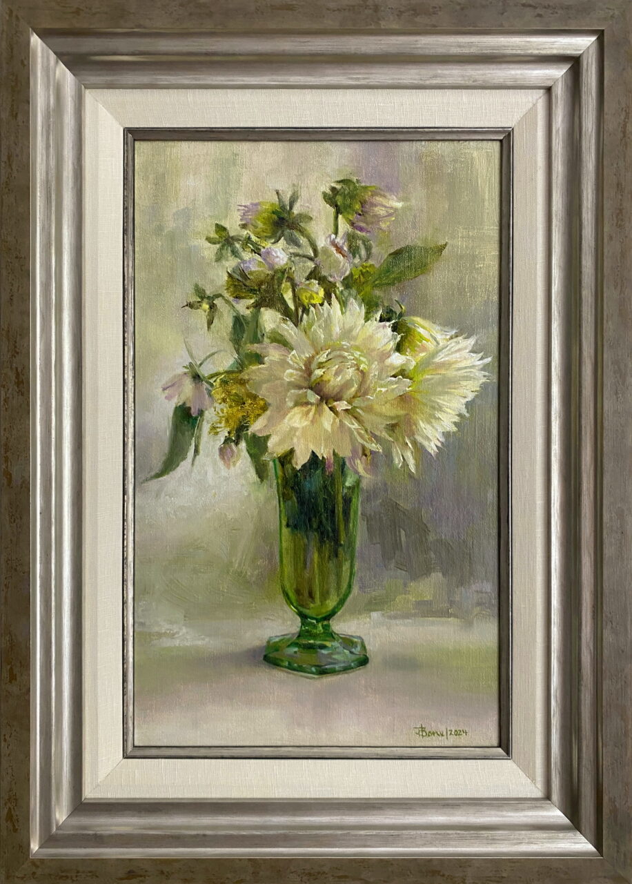 Dahlias in Depression Glass by Tanya Bone at The Avenue Gallery, a contemporary fine art gallery in Victoria, BC, Canada.