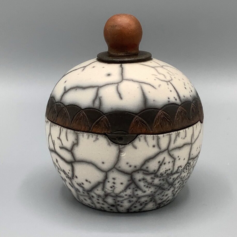 Naked Raku Lidded Jar by Jan Lovewell at The Avenue Gallery, a contemporary fine art gallery in Victoria, BC, Canada.