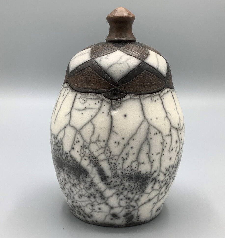 Naked Raku Large Lidded Jar by Jan Lovewell at The Avenue Gallery, a contemporary fine art gallery in Victoria, BC, Canada.