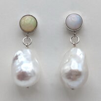 Opal Earrings with White Baroque Pearls by Val Nunns at The Avenue Gallery, a contemporary fine art gallery in Victoria, BC, Canada.