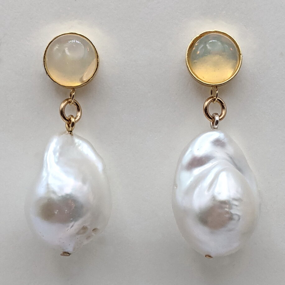 Opal Earrings with White Baroque Pearls by Val Nunns at The Avenue Gallery, a contemporary fine art gallery in Victoria, BC, Canada.