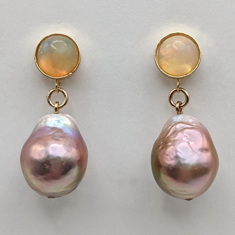 Opal Earrings with Pink Baroque Pearls by Val Nunns at The Avenue Gallery, a contemporary fine art gallery in Victoria, BC, Canada.