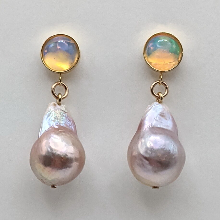 Opal Earrings with Pink Baroque Pearls by Val Nunns at The Avenue Gallery, a contemporary fine art gallery in Victoria, BC, Canada.