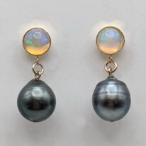 Opal Earrings with Tahitian Pearls by Val Nunns at The Avenue Gallery, a contemporary fine art gallery in Victoria, BC, Canada.