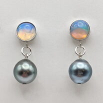 Opal Earrings with Tahitian Pearls by Val Nunns at The Avenue Gallery, a contemporary fine art gallery in Victoria, BC, Canada.