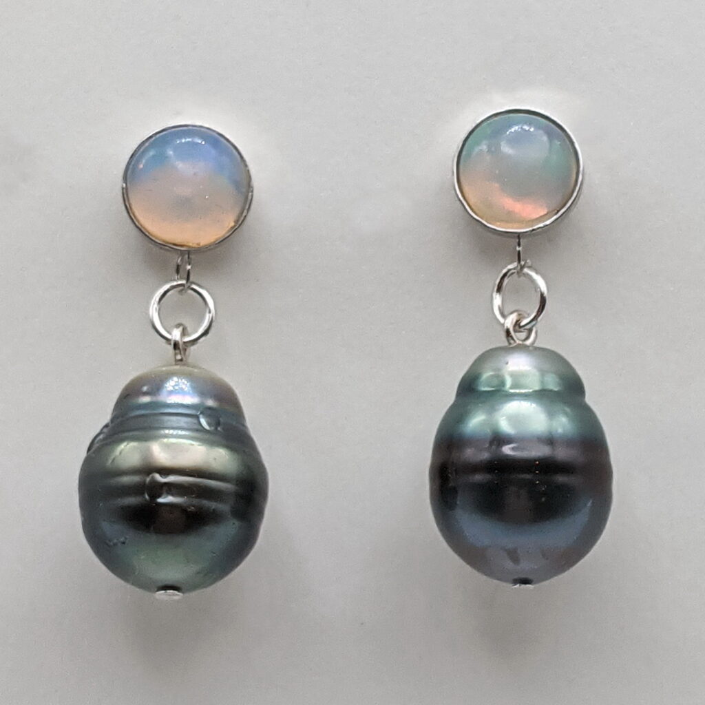 Opal Earrings with Tahitian Pearls by Val Nunns at The Avenue Gallery, a contemporary fine art gallery in Victoria, BC, Canada.