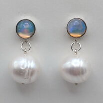 Opal Earrings with White Pearls by Val Nunns at The Avenue Gallery, a contemporary fine art gallery in Victoria, BC, Canada.