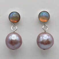 Opal Earrings with Pink Pearls by Val Nunns at The Avenue Gallery, a contemporary fine art gallery in Victoria, BC, Canada.