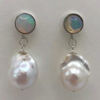 Ethiopian Opal & Baroque Pearl Earrings by Val Nunns at The Avenue Gallery, a contemporary fine art gallery in Victoria, BC, Canada.