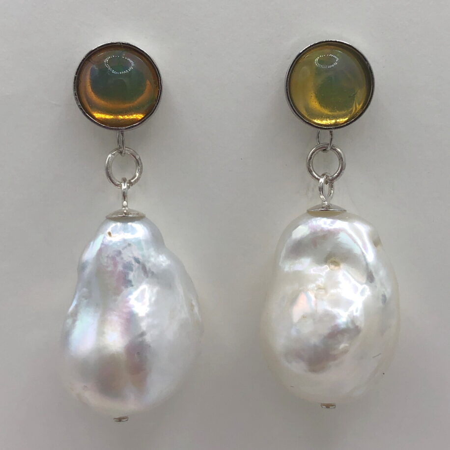 Ethiopian Opal & Baroque Pearl Earrings by Val Nunns at The Avenue Gallery, a contemporary fine art gallery in Victoria, BC, Canada.