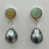 Ethiopian Opal & Tahitian Pearl Earrings by Val Nunns at The Avenue Gallery, a contemporary fine art gallery in Victoria, BC, Canada.