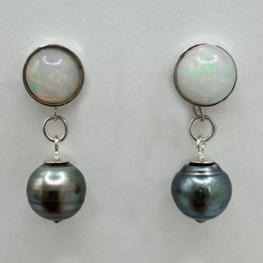Ethiopian Opal & Tahitian Pearl Earrings by Val Nunns at The Avenue Gallery, a contemporary fine art gallery in Victoria, BC, Canada.