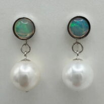 Ethiopian Opal & Shell Pearl Earrings by Val Nunns at The Avenue Gallery, a contemporary fine art gallery in Victoria, BC, Canada.