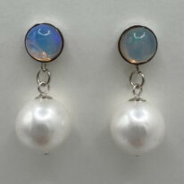 Ethiopian Opal & Shell Pearl Earrings by Val Nunns at The Avenue Gallery, a contemporary fine art gallery in Victoria, BC, Canada.