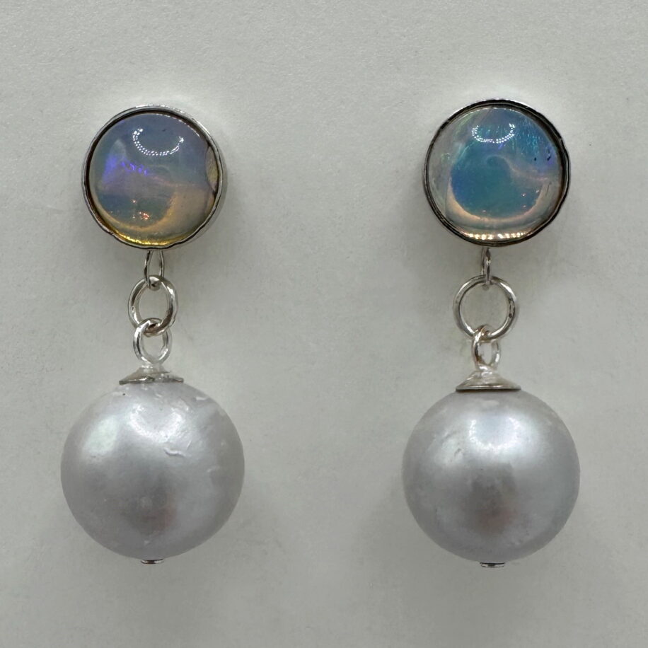 Ethiopian Opal & Freshwater Pearl Earrings by Val Nunns at The Avenue Gallery, a contemporary fine art gallery in Victoria, BC, Canada.