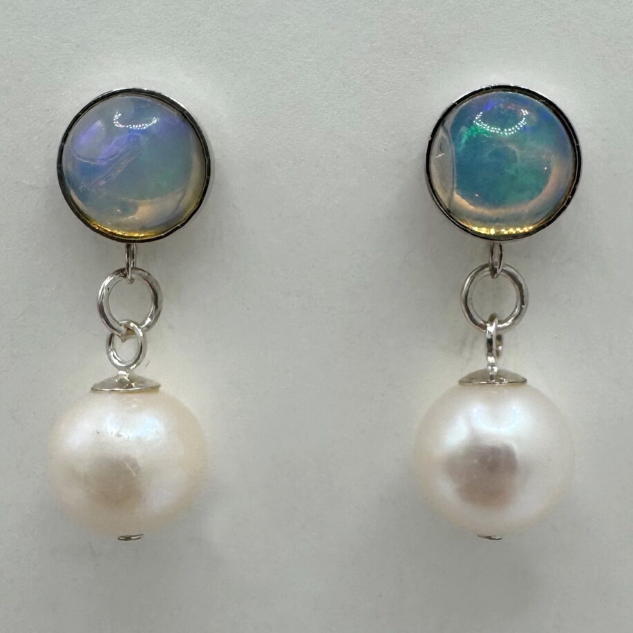 Ethiopian Opal & Freshwater Pearl Earrings by Val Nunns at The Avenue Gallery, a contemporary fine art gallery in Victoria, BC, Canada.