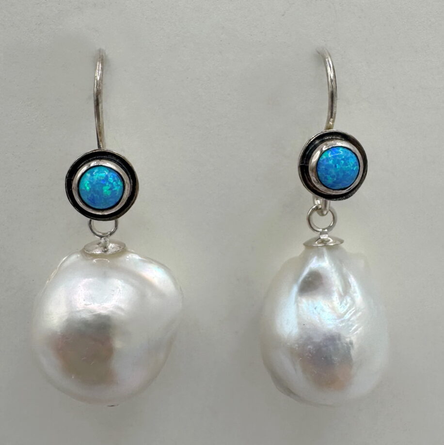 White Baroque Pearl & Opal Earrings by Val Nunns at The Avenue Gallery, a contemporary fine art gallery in Victoria, BC, Canada.