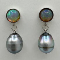 Ethiopian Opal & Tahitian Pearl Earrings by Val Nunns at The Avenue Gallery, a contemporary fine art gallery in Victoria, BC, Canada.