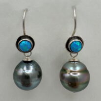 Tahitian Pearl & Opal Earrings by Val Nunns at The Avenue Gallery, a contemporary fine art gallery in Victoria, BC, Canada.