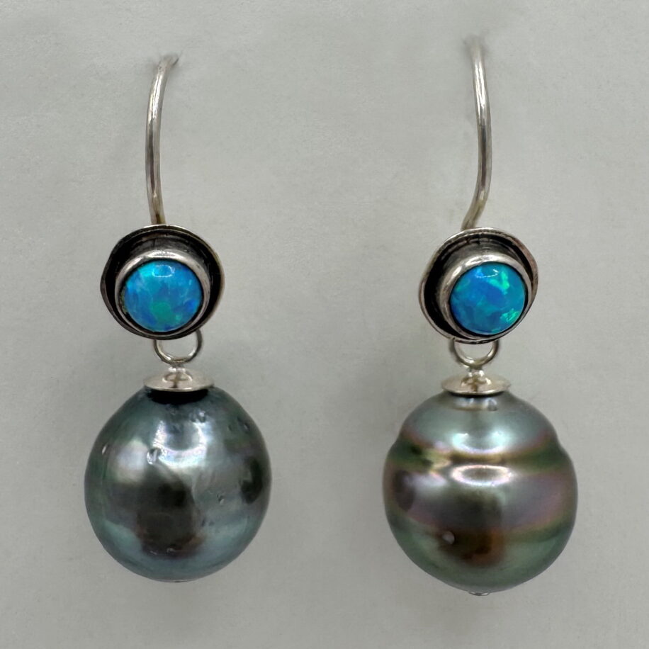 Tahitian Pearl & Opal Earrings by Val Nunns at The Avenue Gallery, a contemporary fine art gallery in Victoria, BC, Canada.