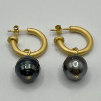 Tahitian Pearl & Yellow Gold-Plated Hoop Earrings by Val Nunns at The Avenue Gallery, a contemporary fine art gallery in Victoria, BC, Canada.