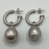 Baroque Pearl & Rhodium-Plated Silver Hoop Earrings by Val Nunns at The Avenue Gallery, a contemporary fine art gallery in Victoria, BC, Canada.