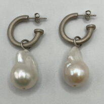 White Baroque Pearl & Rhodium-Plated Silver Hoop Earrings by Val Nunns at The Avenue Gallery, a contemporary fine art gallery in Victoria, BC, Canada.