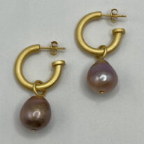 Baroque Pearl & Yellow Gold-Plated Hoop Earrings by Val Nunns at The Avenue Gallery, a contemporary fine art gallery in Victoria, BC, Canada.