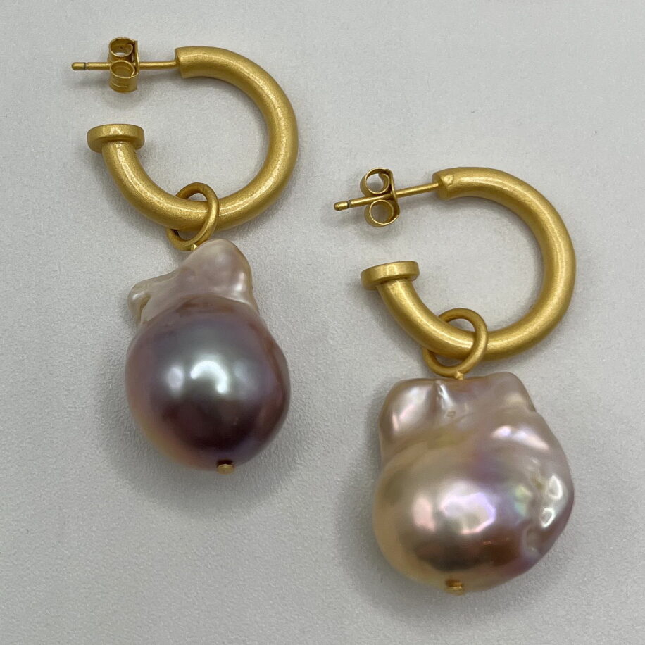 Baroque Pearl & Yellow Gold-Plated Hoop Earrings by Val Nunns at The Avenue Gallery, a contemporary fine art gallery in Victoria, BC, Canada.