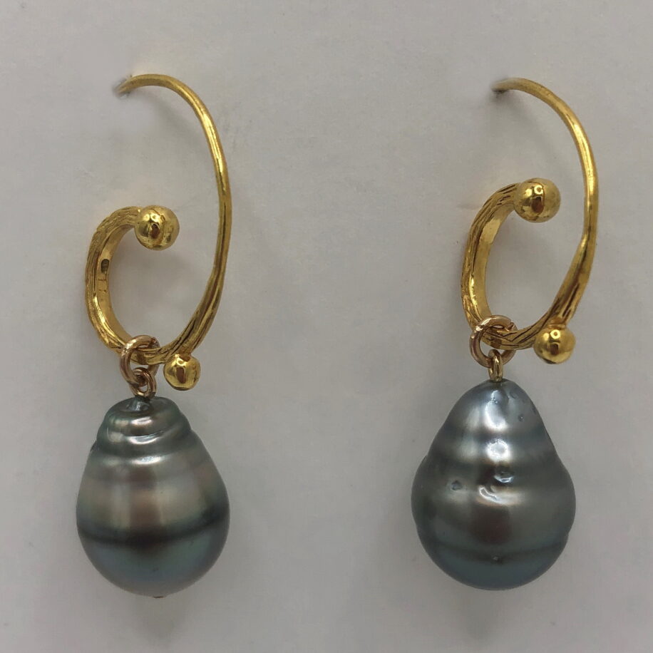 Tahitian Pearl & Gold-Plated Curled Wire Earrings by Val Nunns at The Avenue Gallery, a contemporary fine art gallery in Victoria, BC, Canada.