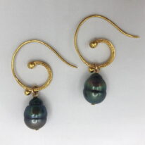 Tahitian Pearl & Gold-Plated Curled Wire Earrings by Val Nunns at The Avenue Gallery, a contemporary fine art gallery in Victoria, BC, Canada.