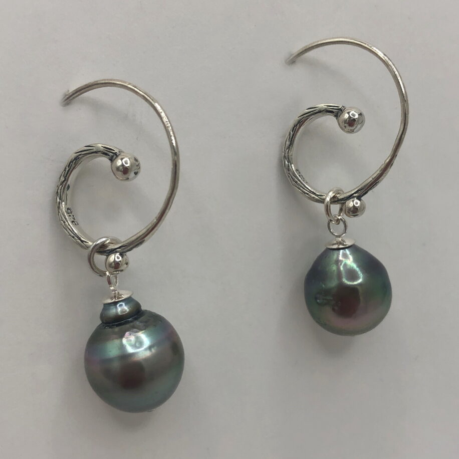 Tahitian Pearl & Sterling Silver Curly Wire Earrings by Val Nunns at The Avenue Gallery, a contemporary fine art gallery in Victoria, BC, Canada.