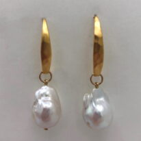 White Baroque Pearl & Gold-Plated Earrings by Val Nunns at The Avenue Gallery, a contemporary fine art gallery in Victoria, BC, Canada.