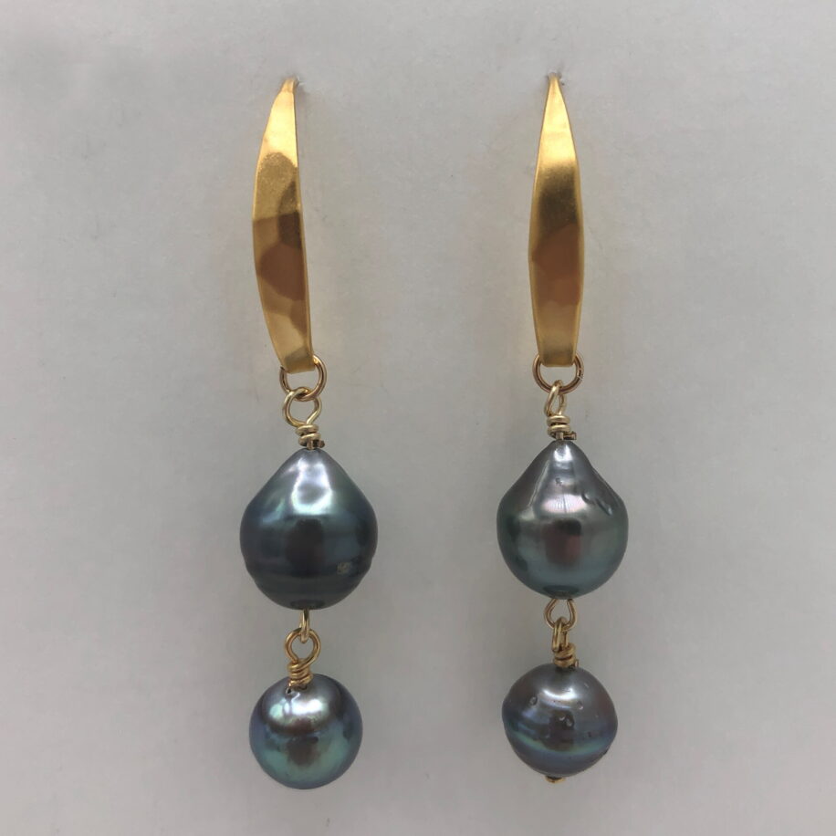 Double Tahitian Pearl & Yellow Gold-Plated Earrings by Val Nunns at The Avenue Gallery, a contemporary fine art gallery in Victoria, BC, Canada.