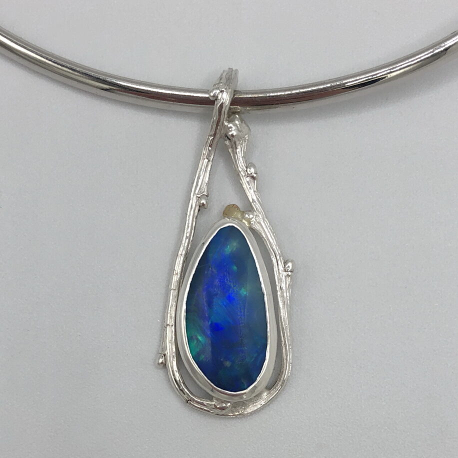 Twig Drop Pendant with Opal Doublet by Andrea Russell at The Avenue Gallery, a contemporary fine art gallery in Victoria, BC, Canada.