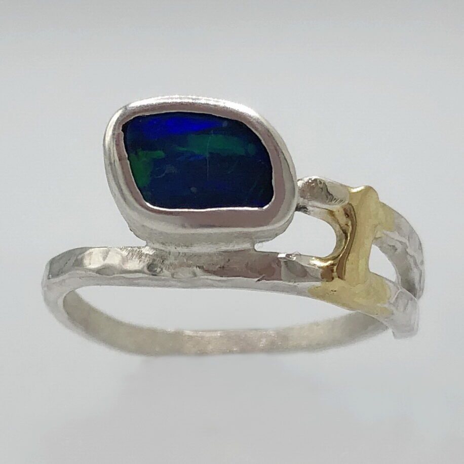 Opal Doublet Ring with Double Hammered Band by Andrea Russell at The Avenue Gallery, a contemporary fine art gallery in Victoria, BC, Canada.