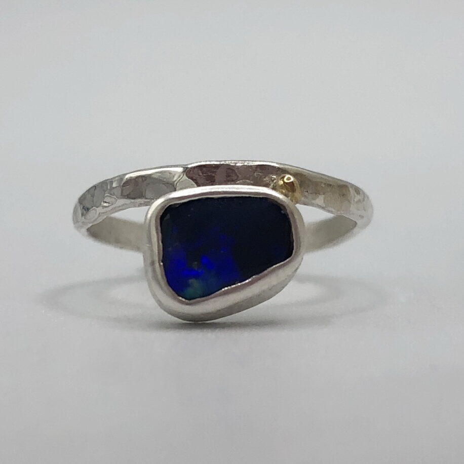 Opal Doublet Ring with Hammered Band by Andrea Russell at The Avenue Gallery, a contemporary fine art gallery in Victoria, BC, Canada.