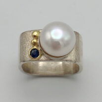 Large Square Ring with White Pearl & Blue Sapphire by Chi's Creations at The Avenue Gallery, a contemporary fine art gallery in Victoria, BC, Canada.