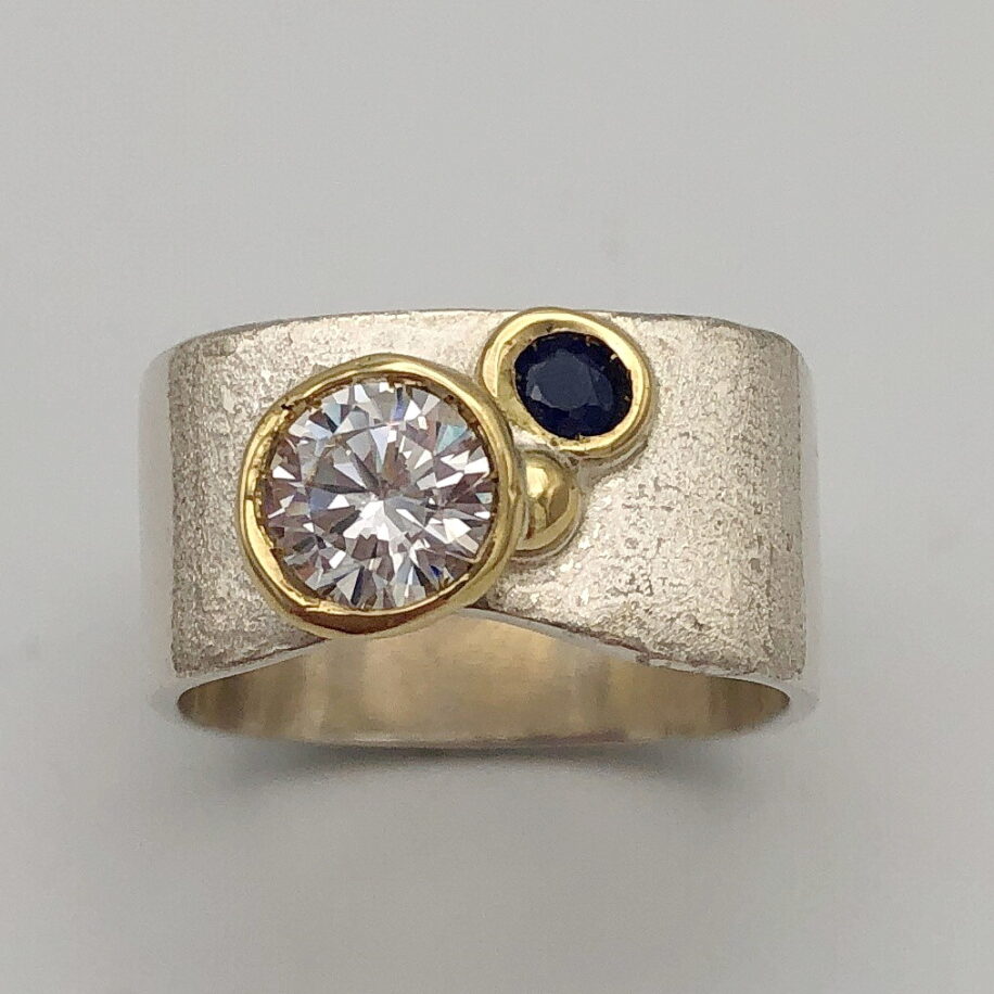 Large Square Ring with Cubic Zirconia, Sapphire & 18kt. Gold by Chi's Creations at The Avenue Gallery, a contemporary fine art gallery in Victoria, BC, Canada.