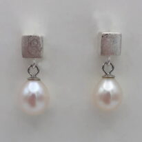 Scribbled Cube Stud Earrings with Dangle White Pearls by Chi's Creations at The Avenue Gallery, a contemporary fine art gallery in Victoria, BC, Canada.