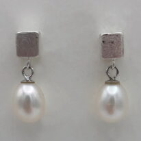 Scribbled Cube Stud Earrings with Dangle White Pearls by Chi's Creations at The Avenue Gallery, a contemporary fine art gallery in Victoria, BC, Canada.