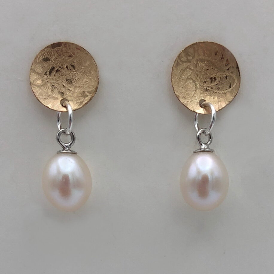 Balanced Scribbled Concaved Gold-Filled Disc Earrings with White Pearls by Chi's Creations at The Avenue Gallery, a contemporary fine art gallery in Victoria, BC, Canada.