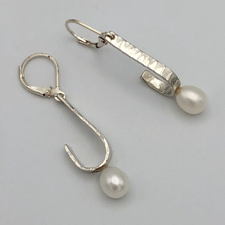 Hammered Curved Stick Leverback Earrings with White Pearls by Chi's Creations at The Avenue Gallery, a contemporary fine art gallery in Victoria, BC, Canada.