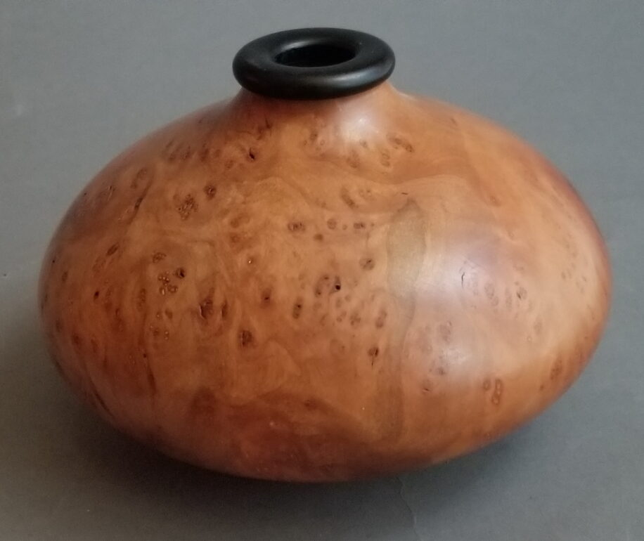 Arbutus Burl Hollow Form with Ebony Blackwood Lip by Robert Wilman at The Avenue Gallery, a contemporary fine art gallery in Victoria, BC, Canada.