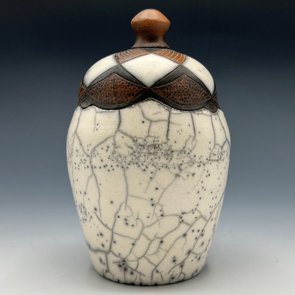 Naked Raku Jar (Geometric) by Jan Lovewell at The Avenue Gallery, a contemporary fine art gallery in Victoria, BC, Canada.