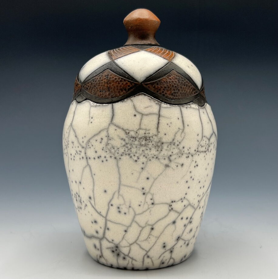 Naked Raku Jar (Geometric) by Jan Lovewell at The Avenue Gallery, a contemporary fine art gallery in Victoria, BC, Canada.