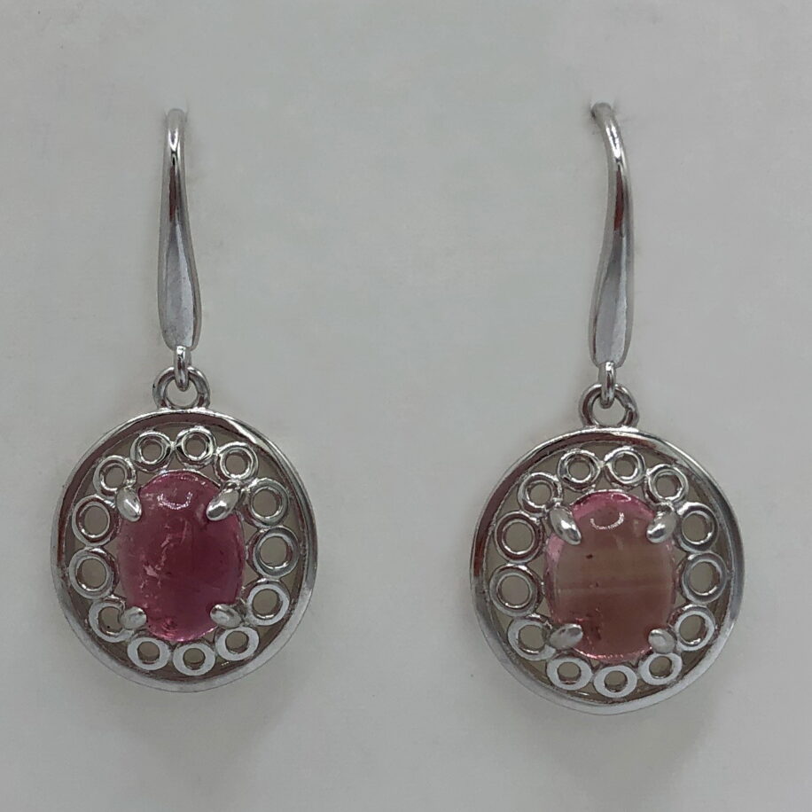 Sterling Silver Earrings with Pink Tourmaline Cabochon by Val Nunns at The Avenue Gallery, a contemporary fine art gallery in Victoria, BC, Canada.